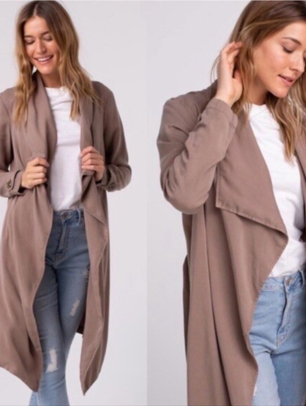 Thread & Supply Emrata Taupe Draped Open-Front Duster Cardigan With Tie Belt